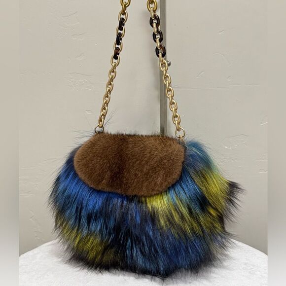 Unique Colorful Real Mink Fur with Finn Raccoon Fur Bag Includes 2 Strap Styles - Picture 6 of 17